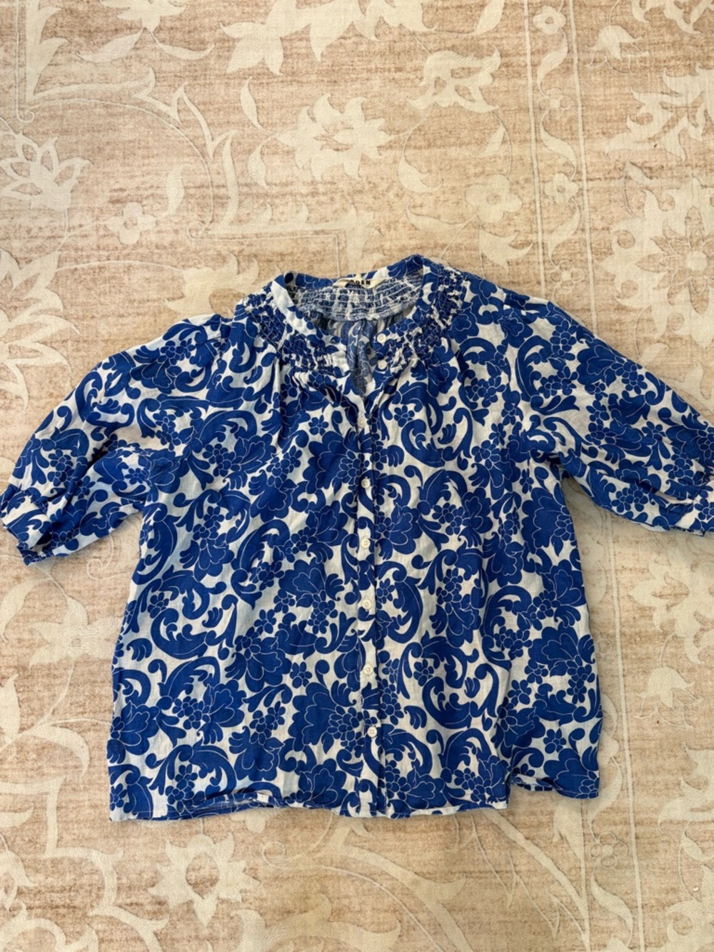 Boden Blue and White Floral Button-Front Blouse Size 14